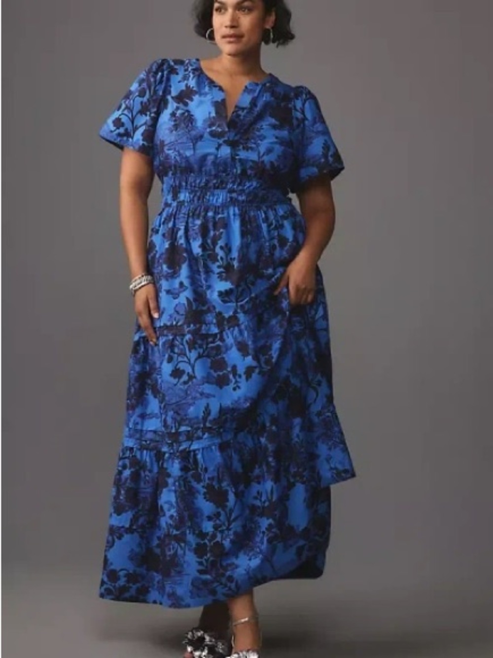 Anthropologie Somerset Maxi Royal Blue Floral Tiered Dress size medium